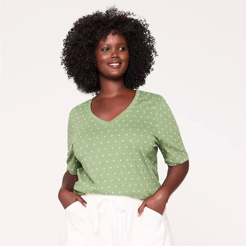 🔹 🌿 NWT Lane Bryant Perfect Sleeve V-Neck Tee – Olive Diamond Print 🌿 🔹